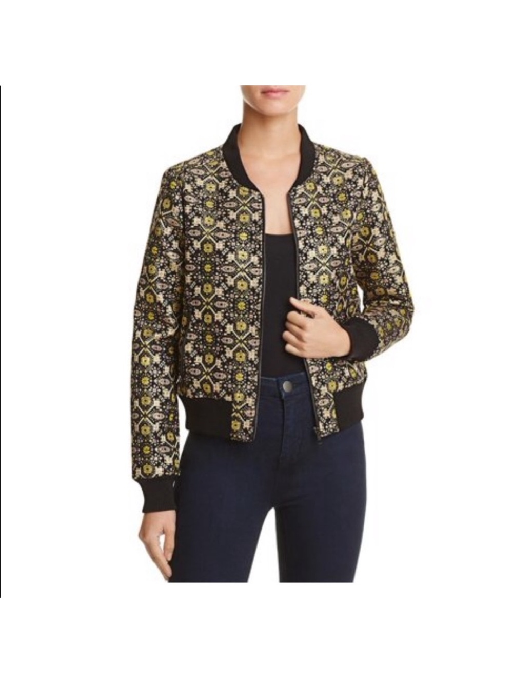 NWT Lucy Paris Black Metallic Bomber Jacket with Gold & Cream Geometric Print